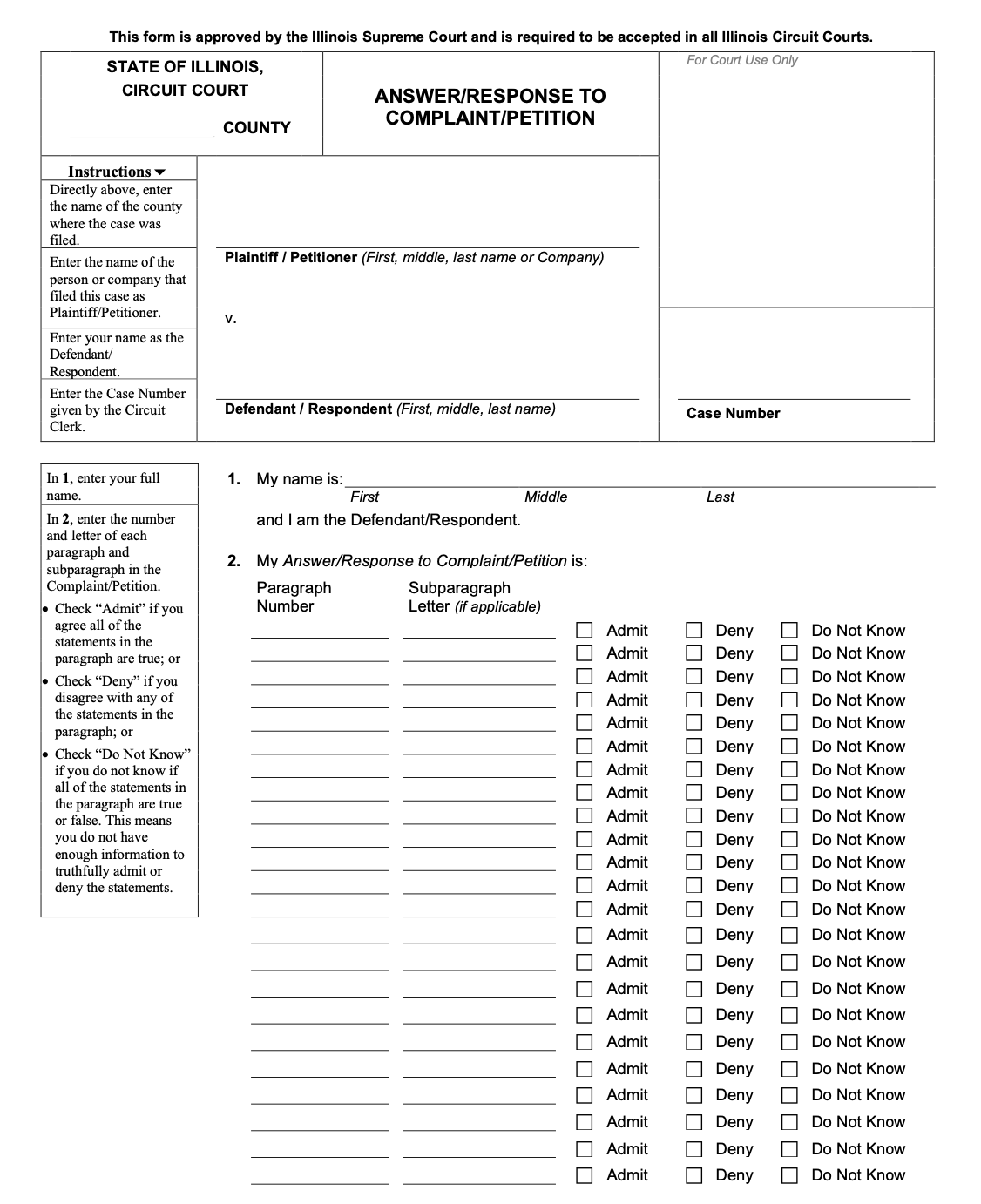 Image of a blank Illinois Answer/Response to Complaint/Petition Form