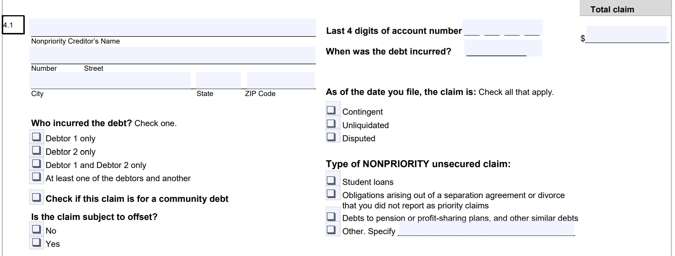 Schedule E/F - Question 4 (nonpriority debt)