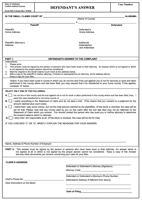 Image of a blank Small Claims Answer Form Alabama