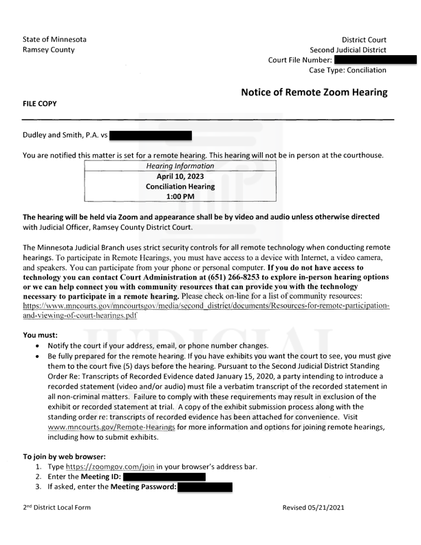 Image of a Redacted Notice of Remote Hearing for a Conciliation Claim in Minnesota