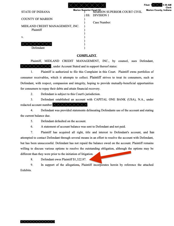 Imagine of an Indiana lawsuit complaint with personal information redacted