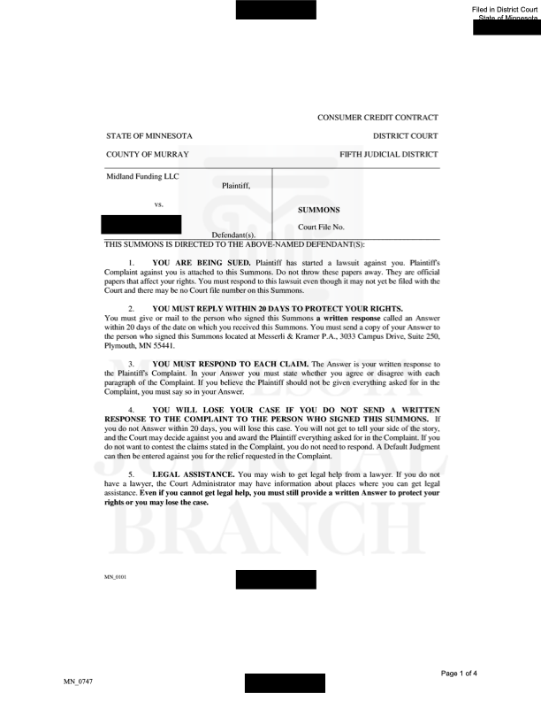 Image of a Redacted Minnesota District Court Summons Page 1 