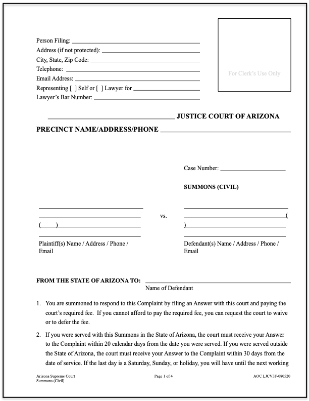Image of an Arizona Complaint Form
