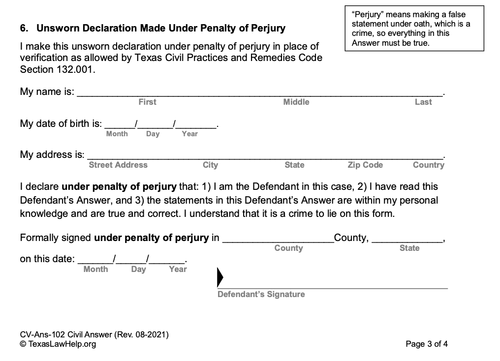 Image of the Unsworn Declaration section of a blank Texas Law Help Answer Form