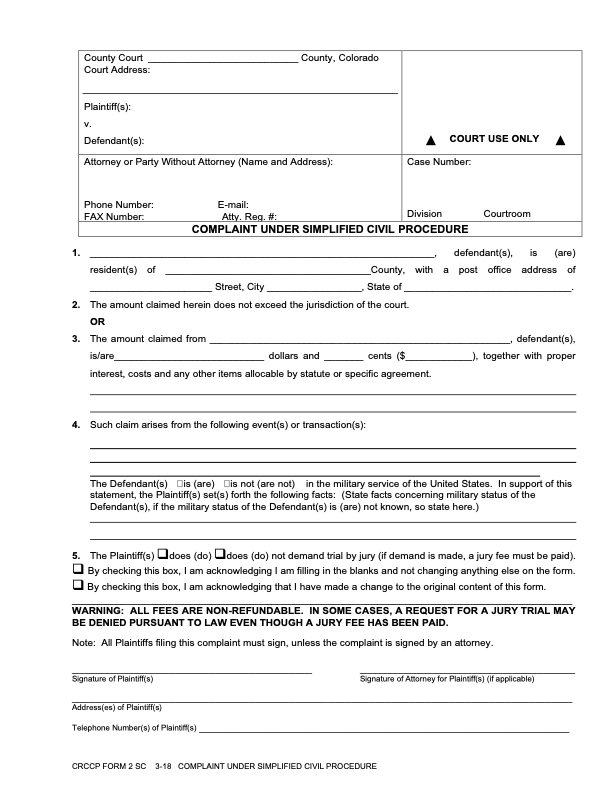Image of a blank Colorado Complaint Form from County Civil Court