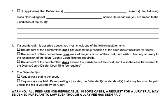 Image of the Colorado Counterclaim Except From Answer Form