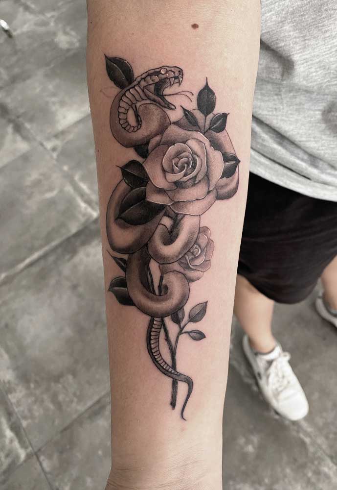 black and grey realistic rose and snake 