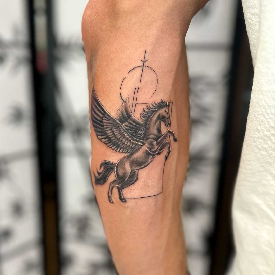 Pegasus Black and Grey Mythological Tattoo 