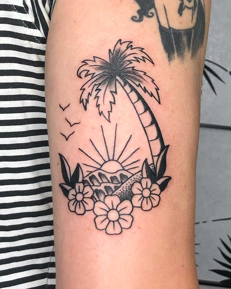 Sunset and Flower Palm Tattoos
