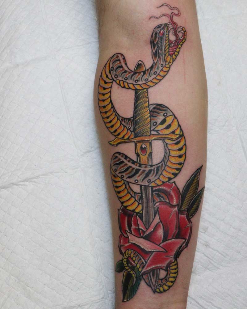 Neo Traditional Snake and Dagger tattoo 