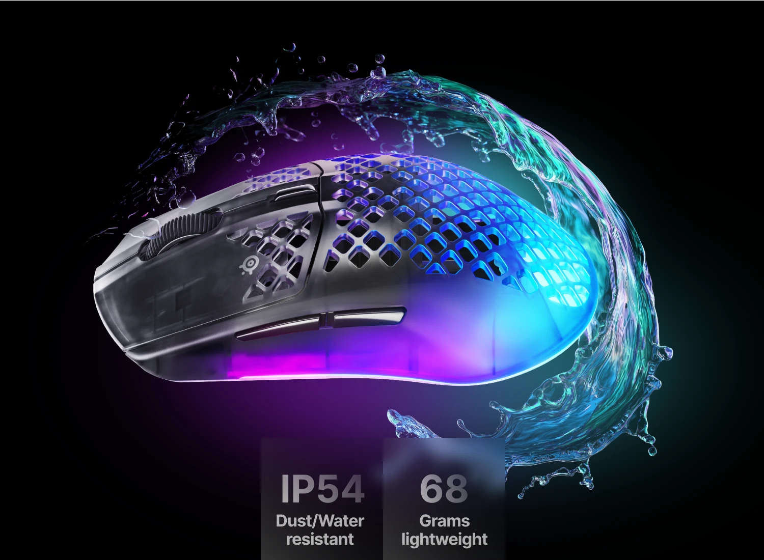 RGB‑lit honeycomb gaming mouse with water splash, highlighting IP54 and 68 g weight.