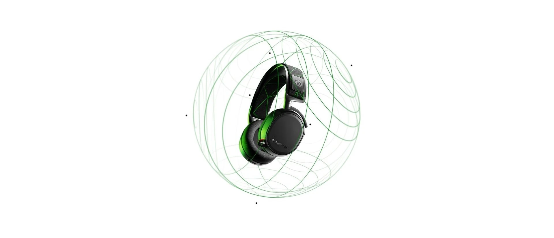 Arctis 9 headset in the center of a sphere and waves