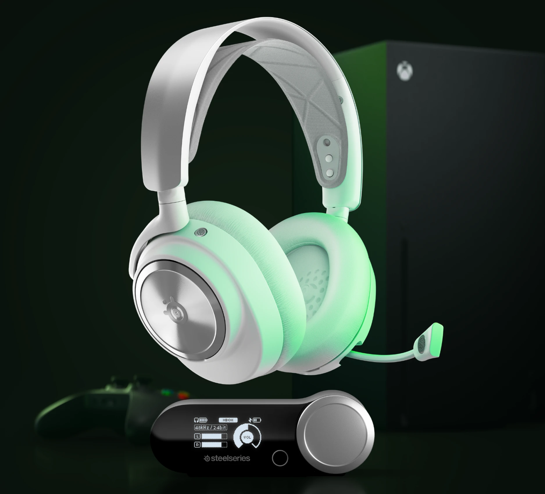 A pair of white arctis nova pro wireless headset on a green and black background accompanied by xbox console