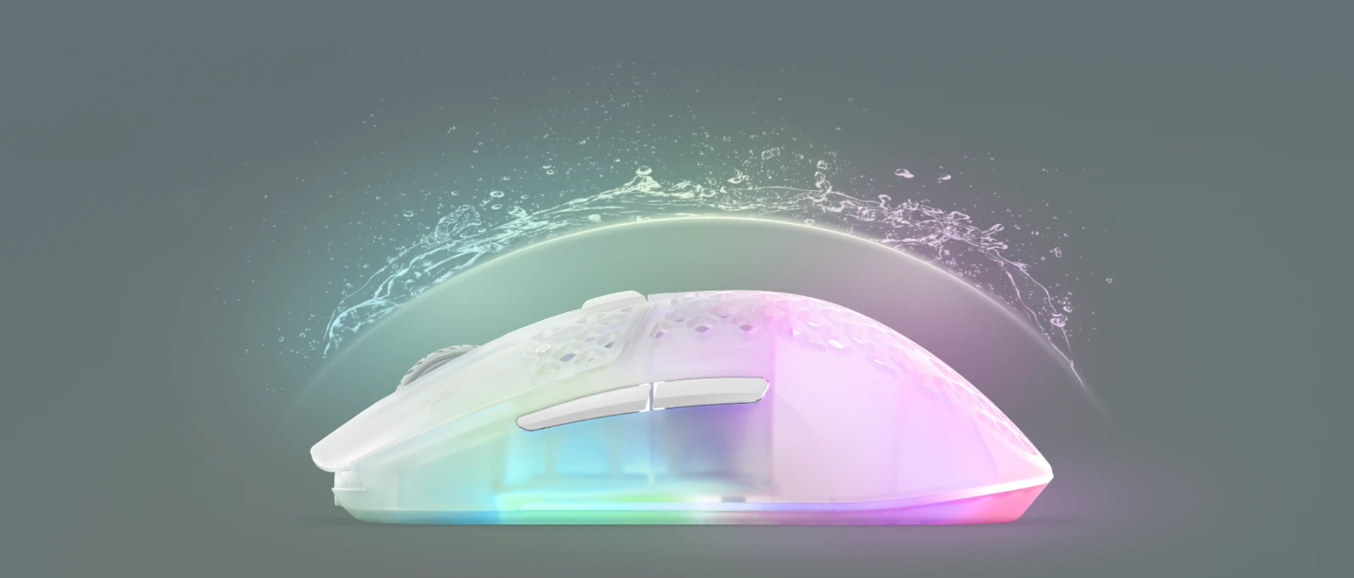 An Aerox 3 Wireless mouse with an invisible shield protecting it from incoming water splashing, to convey the waterproofing features.