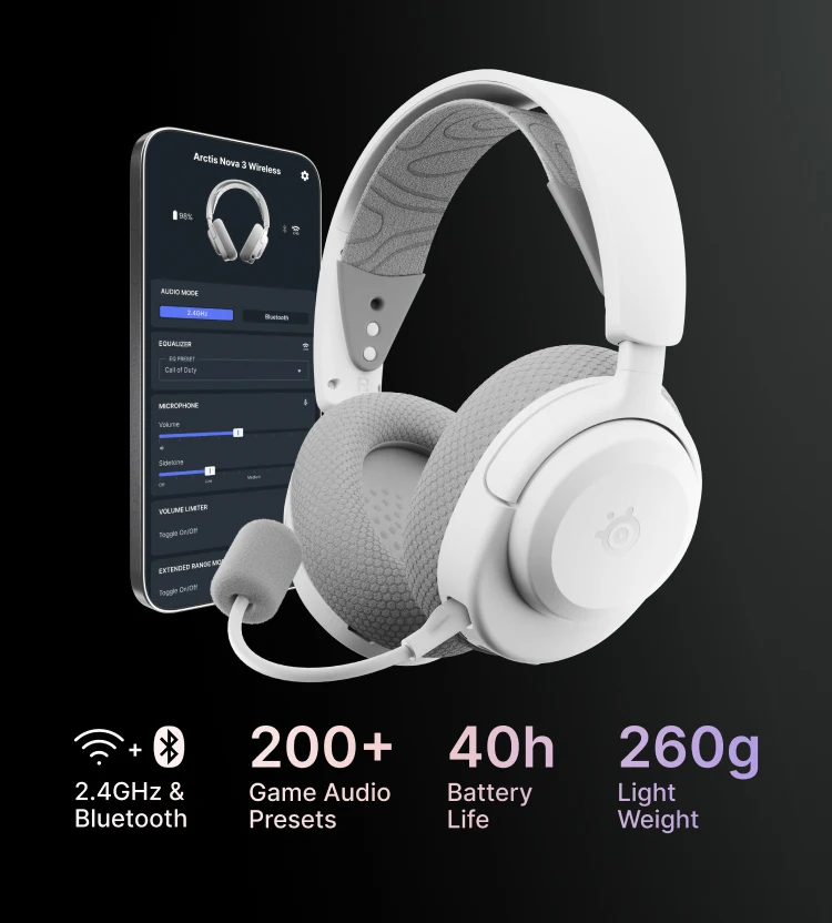 Weißes SteelSeries Arctis Nova 3 Wireless-Headset mit mobiler App. Mit 2,4 GHz & Bluetooth, über 200 Spiel-Audio-Voreinstellungen, 40 Stunden Akkulaufzeit und einem leichten 260-g-Design auf dunkelgrauem Hintergrund.