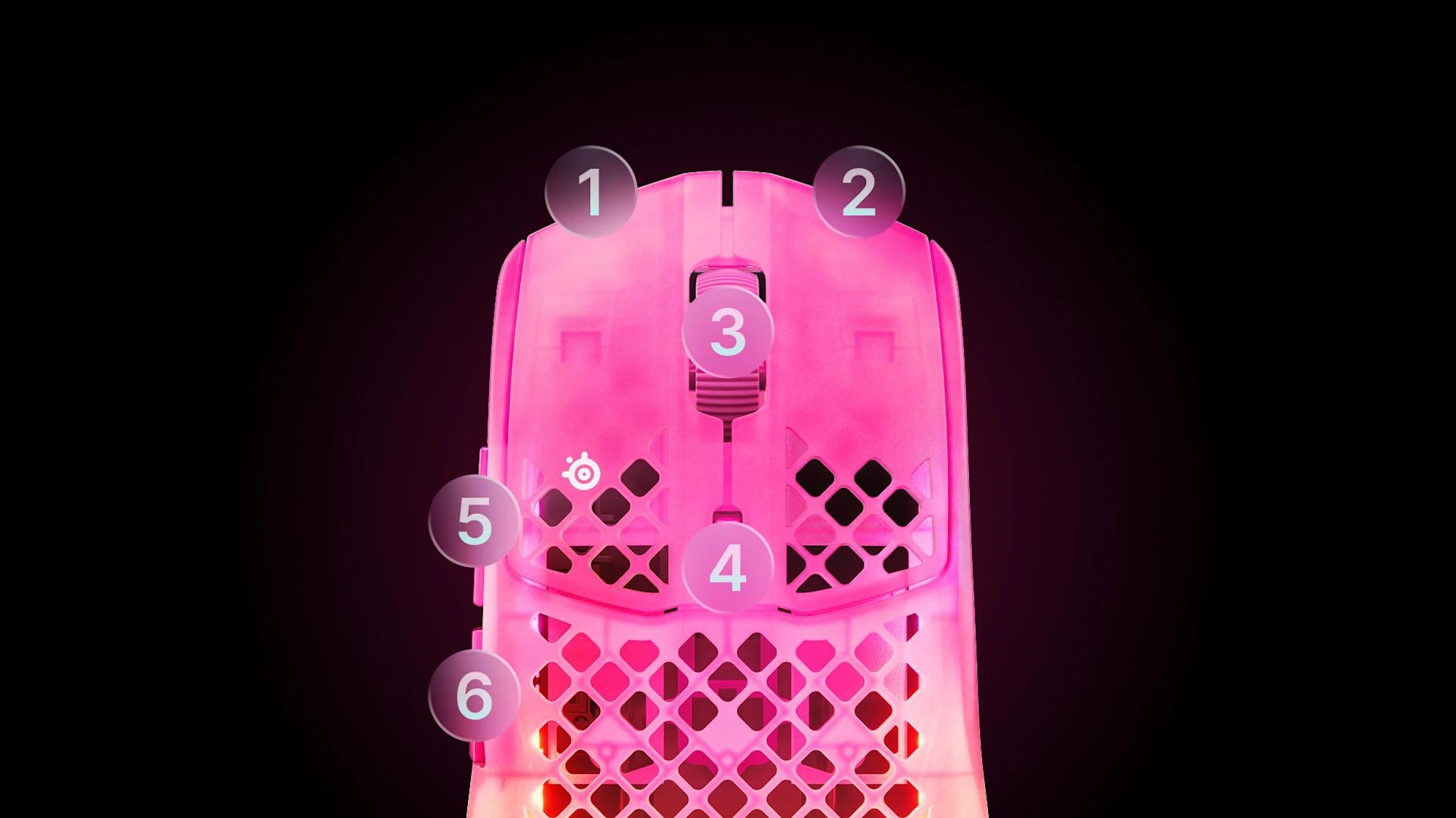 Top view of translucent RGB gaming mouse with six numbered feature callouts.