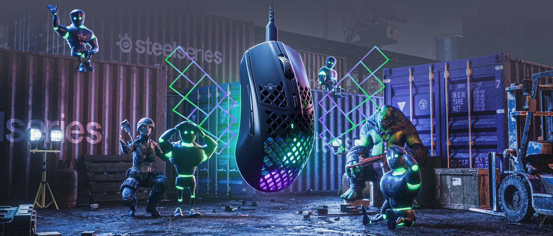 Aerox 3 2022 mouse is floating in a shipyard full of containers that are labeled "SteelSeries".