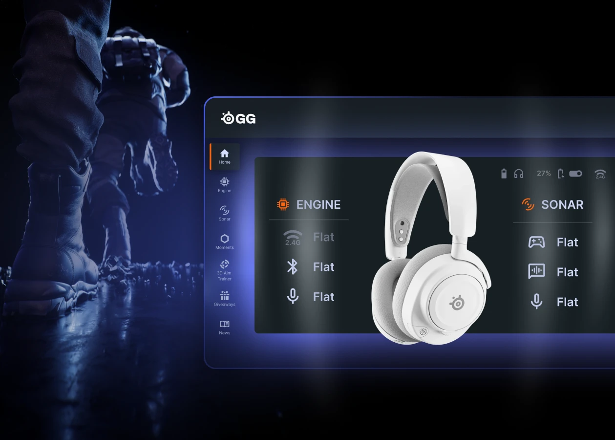 Unos auriculares SteelSeries blancos con la interfaz de usuario GG al fondo.