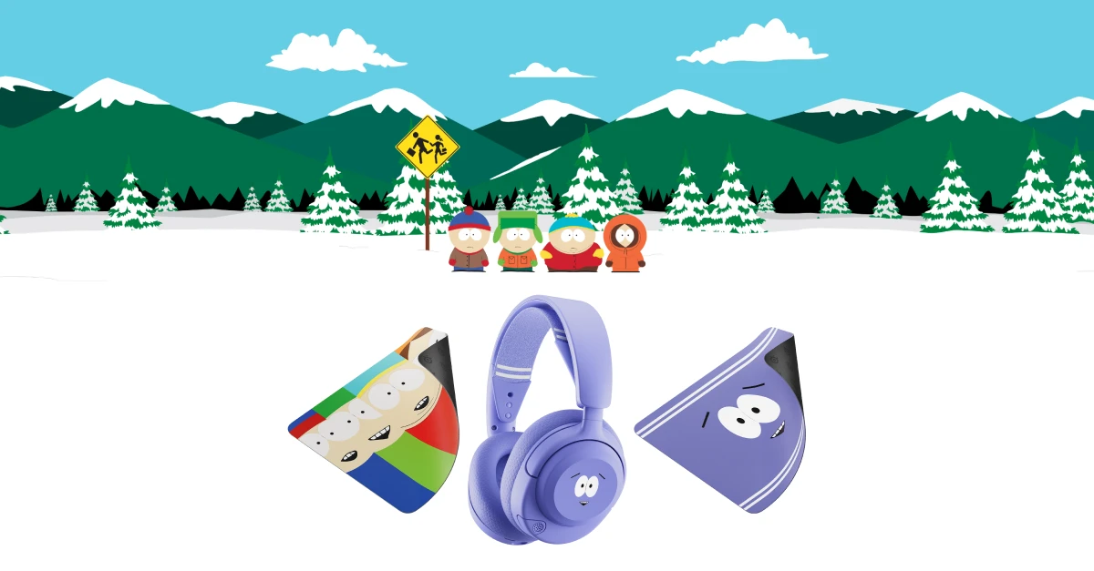 SteelSeries《South Park》特別版大型布質遊戲滑鼠墊，圖案呈現史丹、凱爾、卡特曼與肯尼佇立於經典的雪地公車站，背景為黃色校車停靠標誌與群山。
