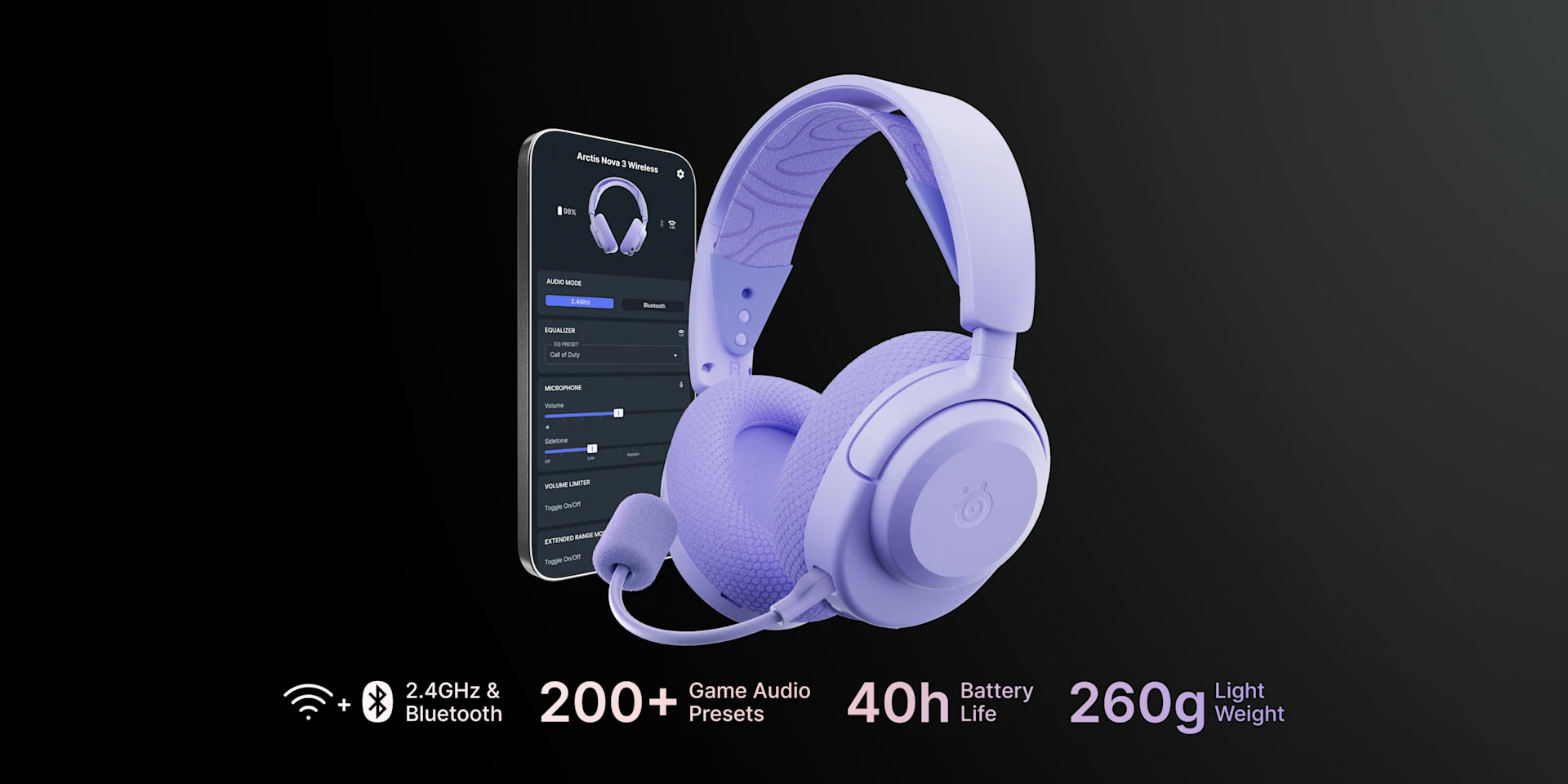 Lavender SteelSeries Arctis Nova 3 Wireless headset with mobile app. Features 2.4GHz & Bluetooth, 200+ game audio presets, 40h battery, and lightweight 260g design on a dark background.