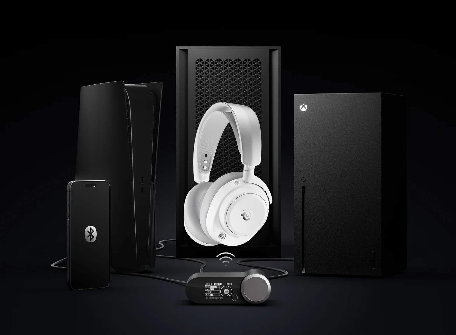 SteelSeries wireless headset and audio base station connected to smartphone, PlayStation, and Xbox consoles on a dark studio background.