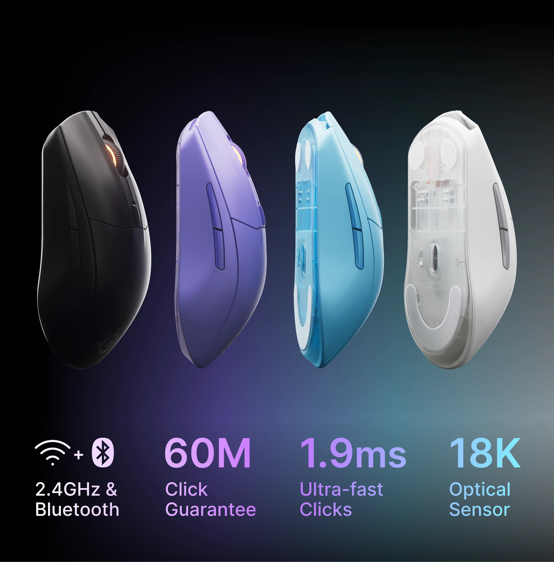 Alle Farbversionen der Rival 3 Wireless Gen 2 Maus mit Funktionsbeschreibungen