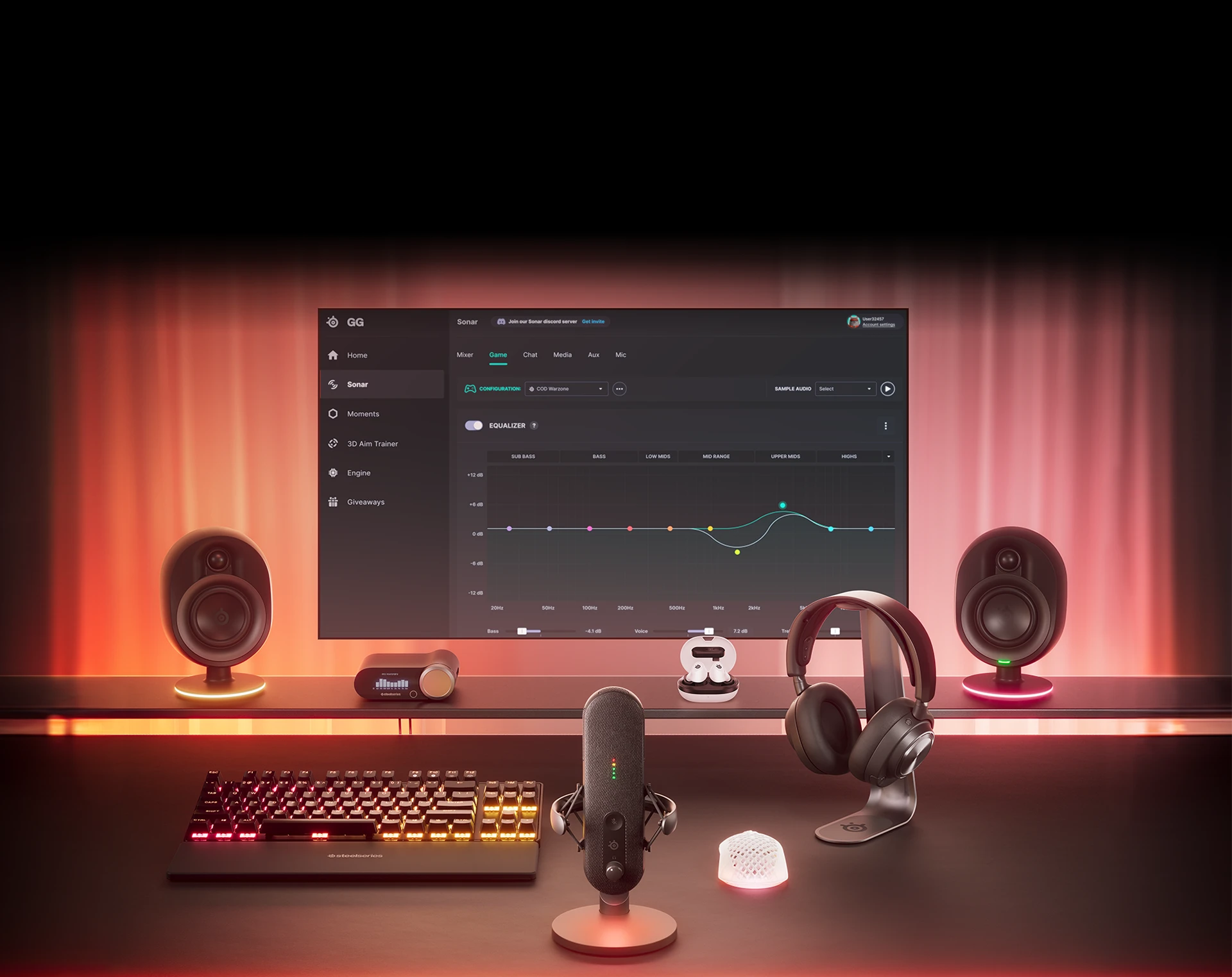 An image of assorted SteelSeries gear with a computer monitor screen that is displaying GG software customization.