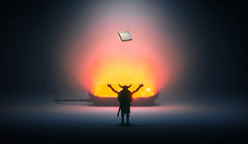 A small horned figure worships a glowing orange box, with a game cartridge levitating above it in a dark, mystical setting.