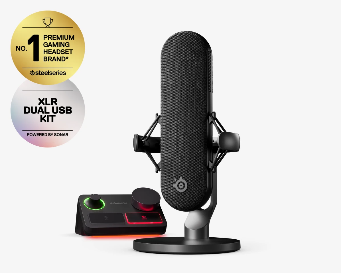 Microphone with two badges.