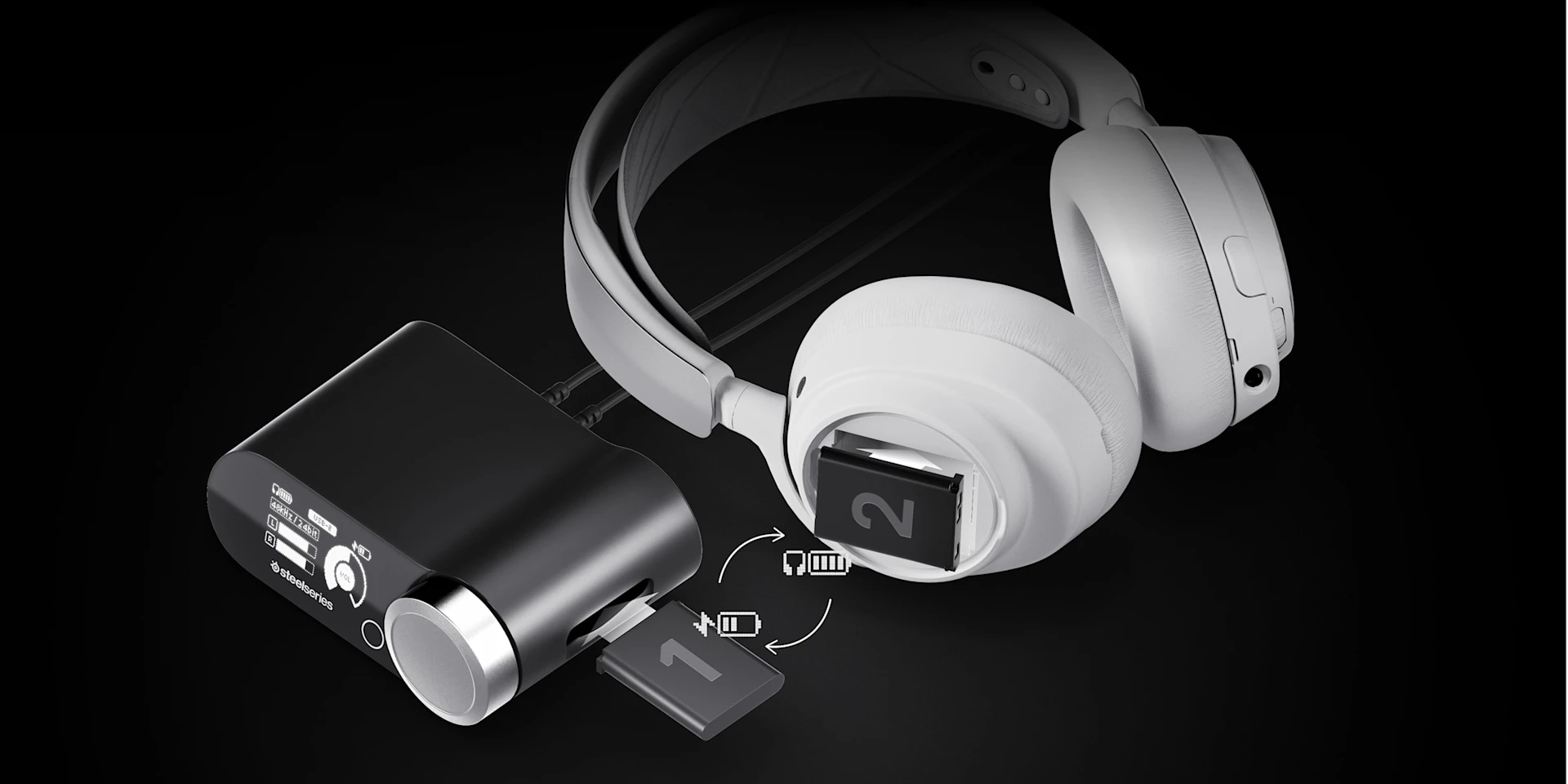 バッテリーステーション(バッテリーは取り外し済み)。ヘッドホンが置かれ、別のバッテリーがわずかに突き出ている様子は、素早い交換を暗示している。