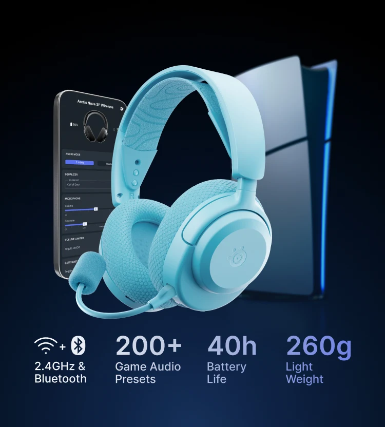 arctis nova 3 aqua com a playstation e o telemóvel em fundo