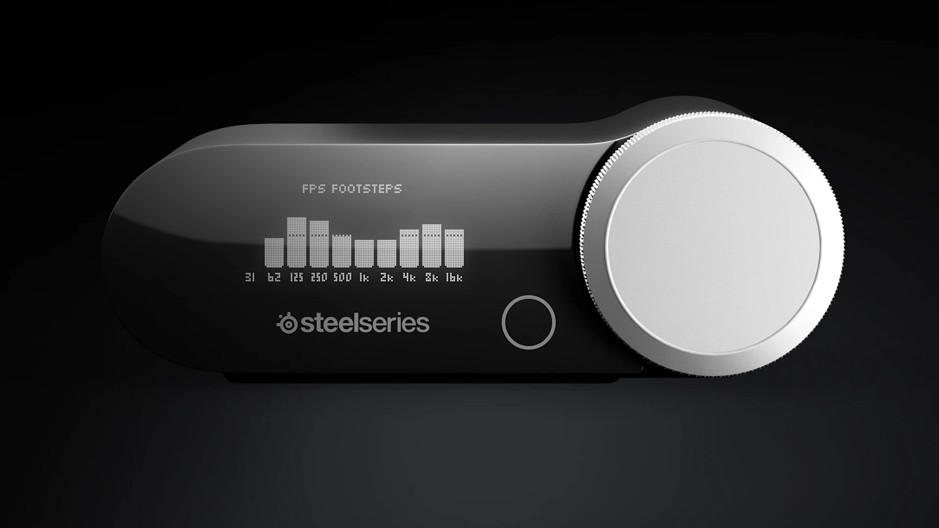 Front view of SteelSeries audio base station with large volume knob and monochrome display showing FPS Footsteps EQ bar graph.