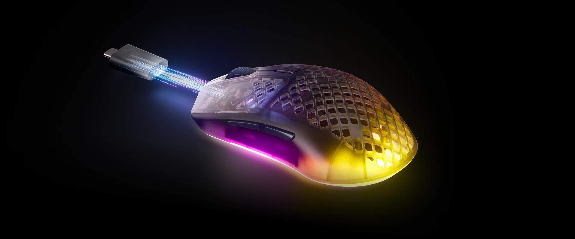 Ratón inalámbrico para juegos con efecto luminoso USB-C, que destaca la rápida transferencia de datos.