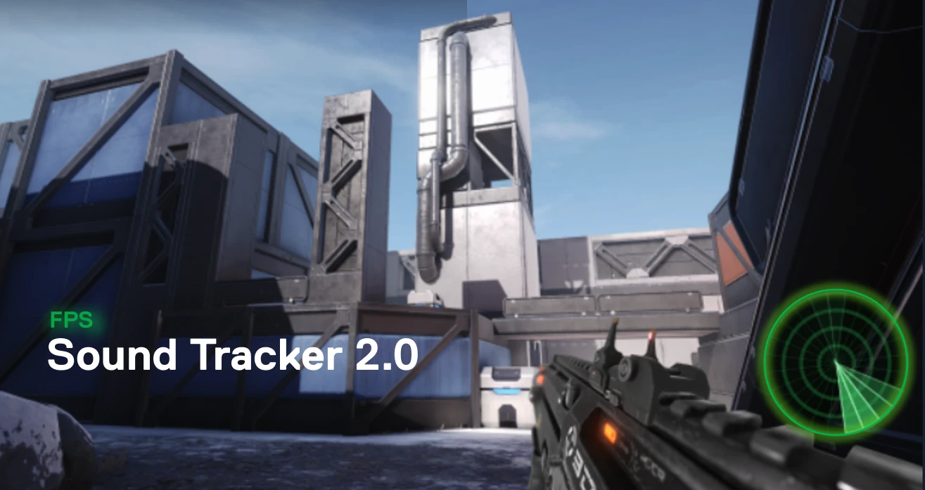 A futuristic FPS game view with industrial buildings. In the foreground, a gun is visible next to a green radar from the "Sound Tracker 2.0" interface.
