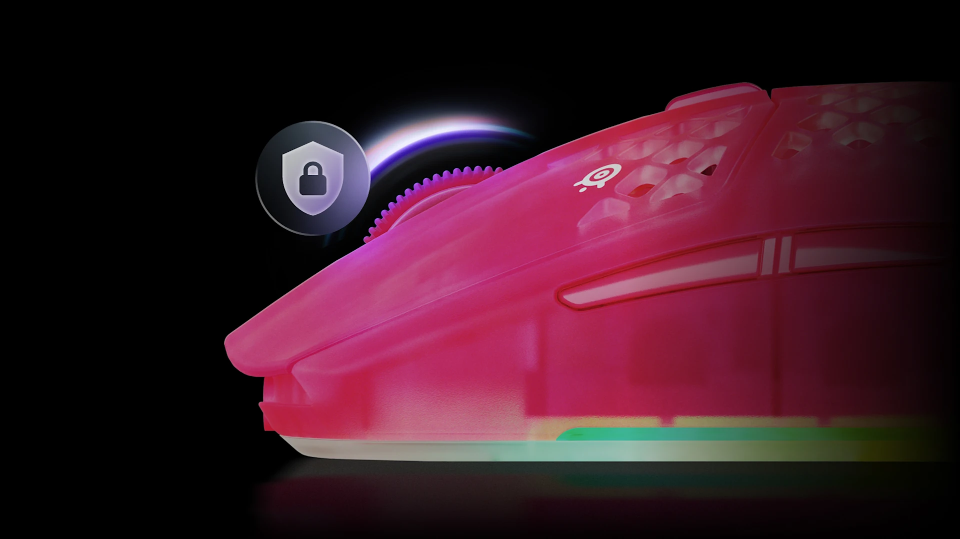 Side view of gaming mouse with scroll wheel and lock icon symbolizing secure wireless.