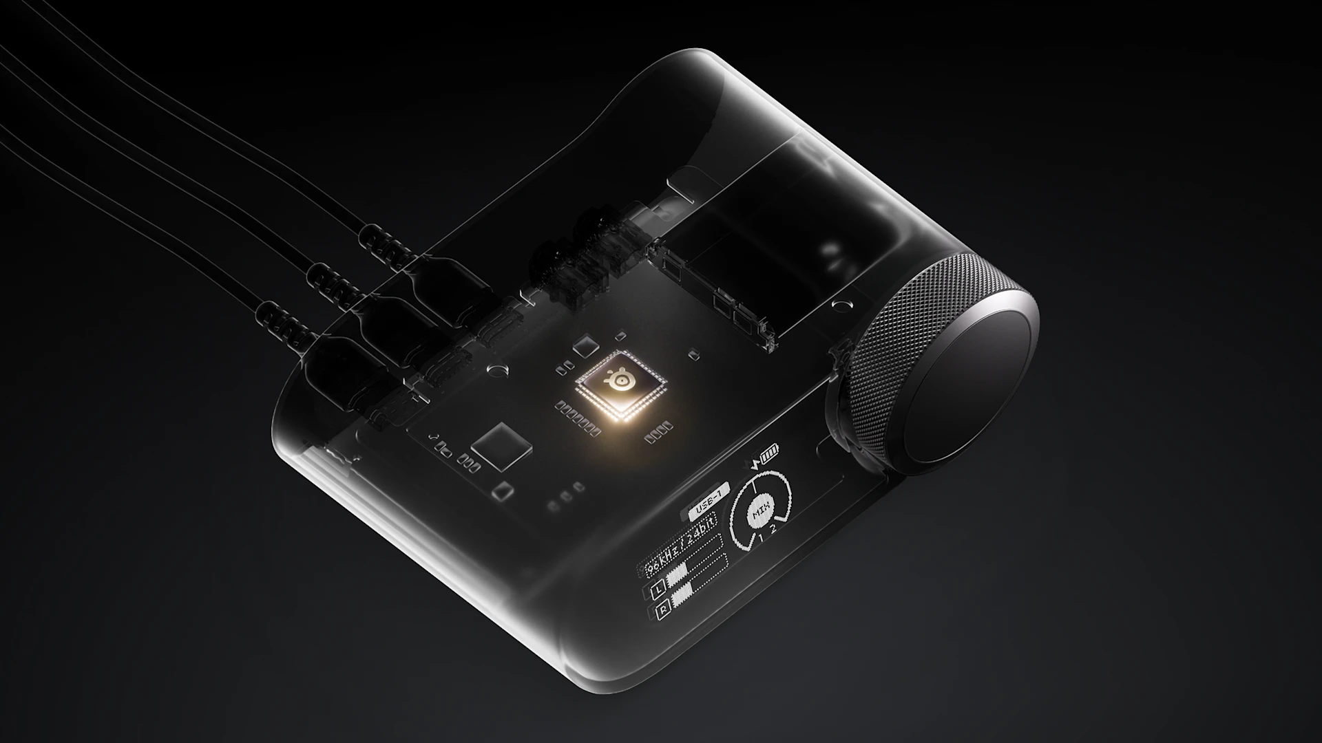 Poloprůhledný render audio základny odhalující vnitřní desku plošných spojů, kabeláž a osvětlený audio čip SteelSeries.