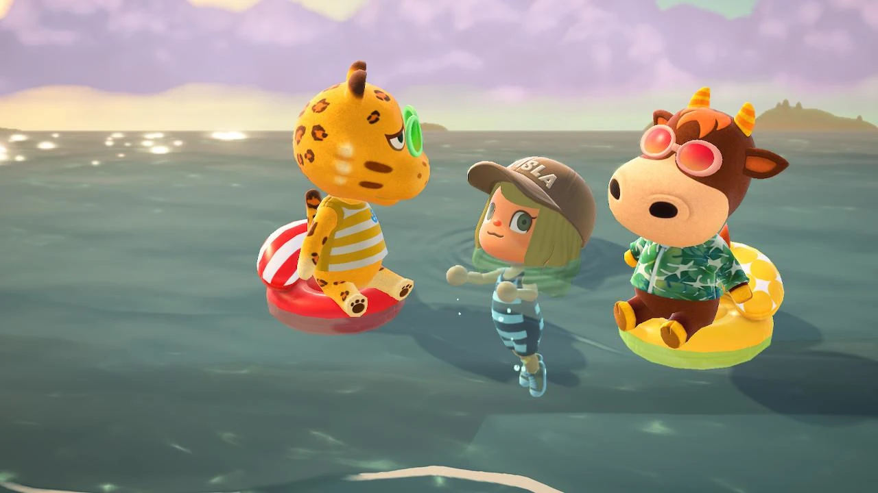 Three characters swimming in a sea, a cow, little girl and tiger.