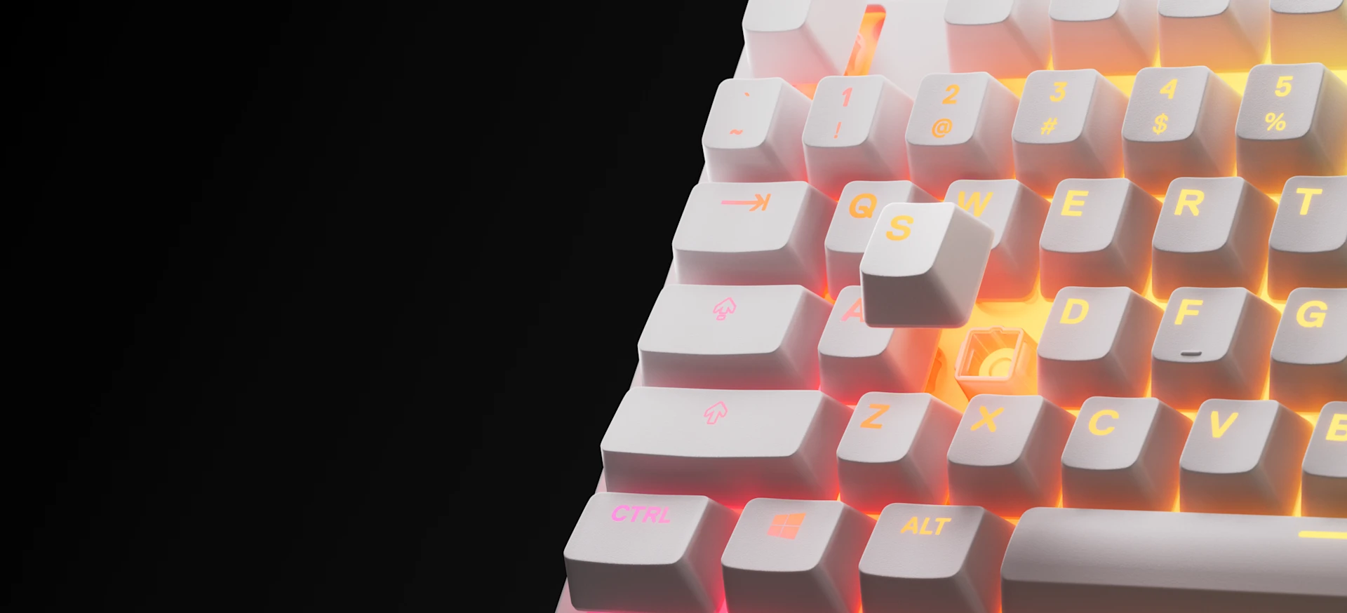 Nahaufnahme der weißen Tastatur Apex 3 TKL auf schwarzem Hintergrund