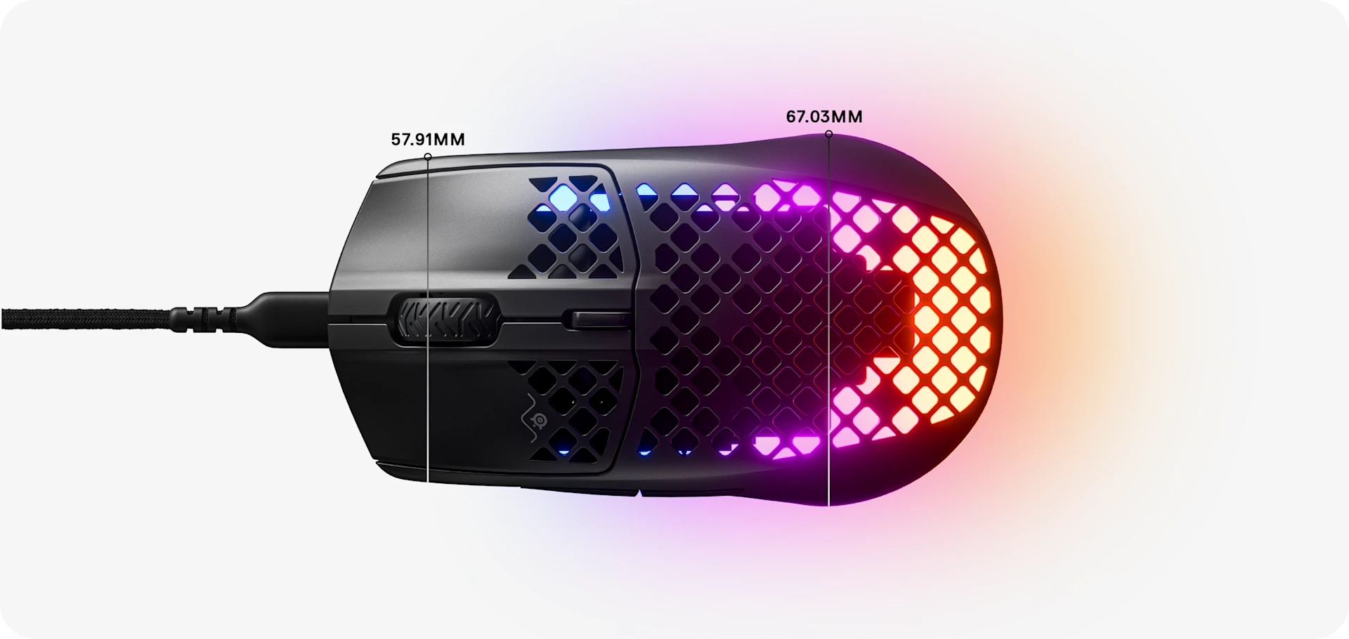 Overhead view of the Aerox 3 mouse dimensions, with width listed as 57.91 mm across the scroll wheel and 67.03 mm width listed across the widest part of the mouse.