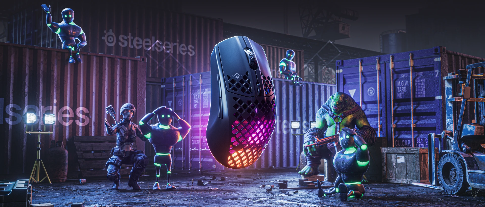 Aerox 3 Wireless 2022 滑鼠漂浮在一個裝滿標有「SteelSeries」的貨櫃的船塢中。