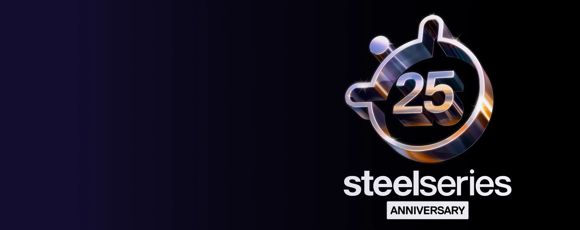 An image of the SteelSeries logo with the number 25 in the middle and text that reads: "steelseries 2001 - 2026".