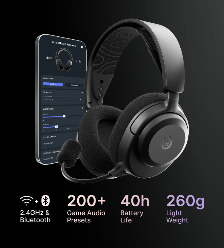 SteelSeries Arctis Nova 3 Wireless black headset with mobile app. Highlights 2.4GHz & Bluetooth, 200+ audio presets, 40h battery, and lightweight 260g design on a dark background.