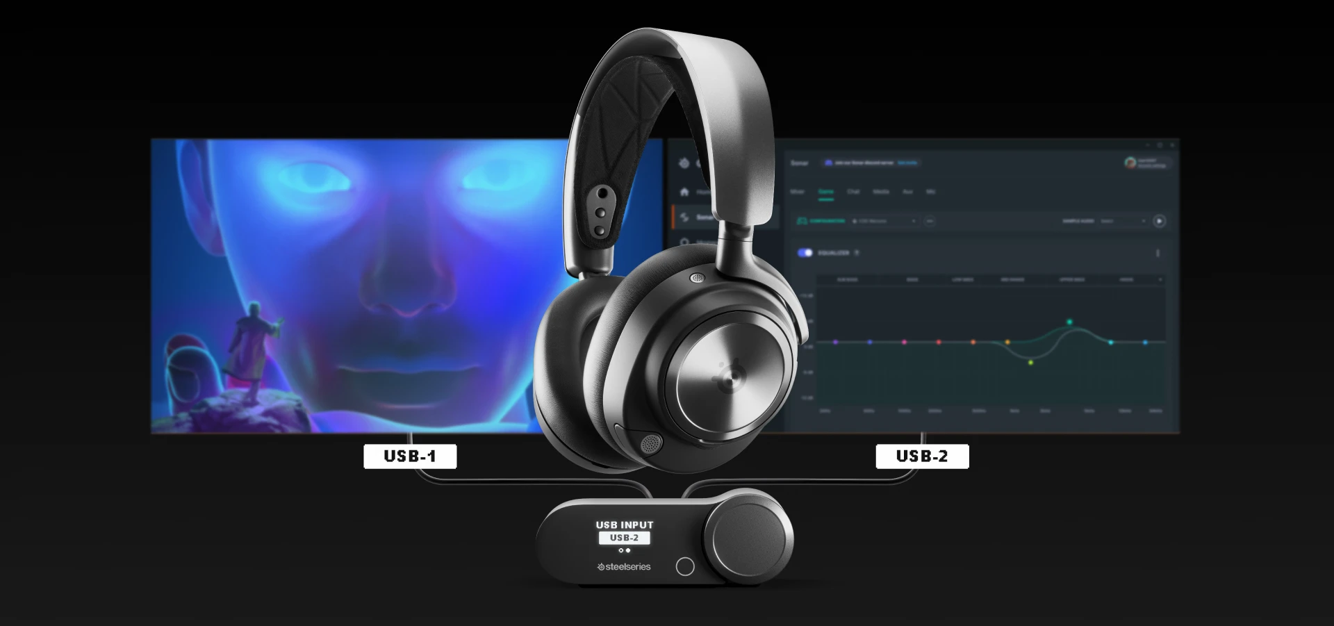 Black Arctis Nova Pro Wireless headphones connected to the TV and monitor.