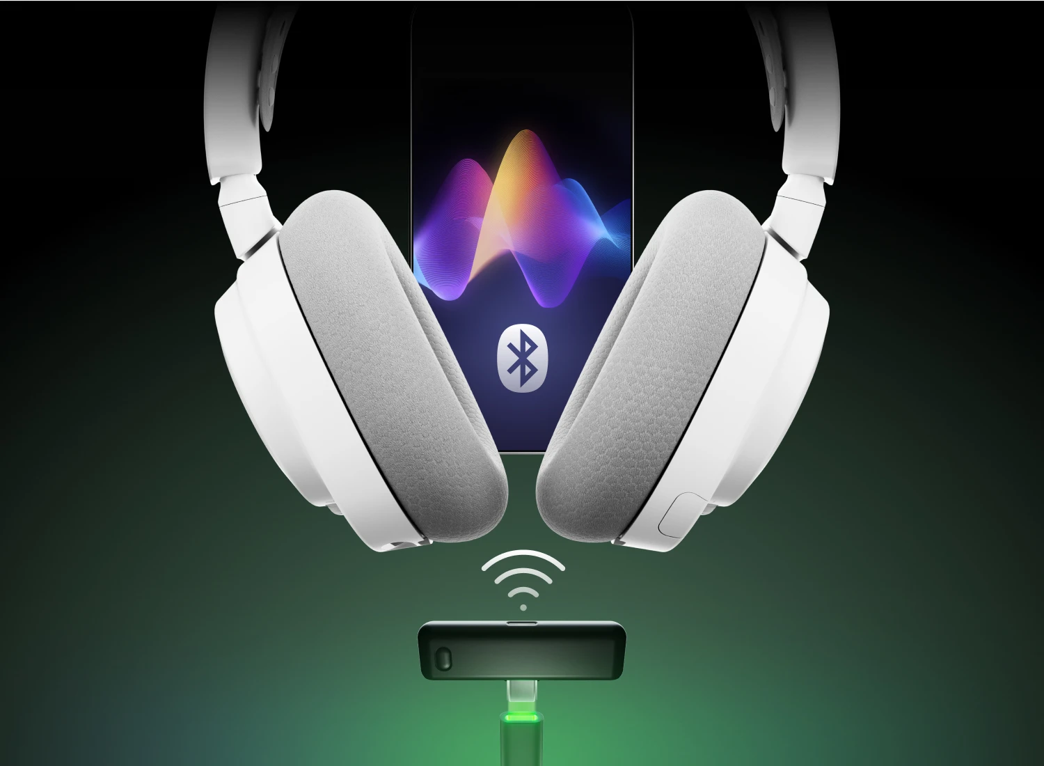 white arctis nova 7 gen 2 hoovering above a dongle