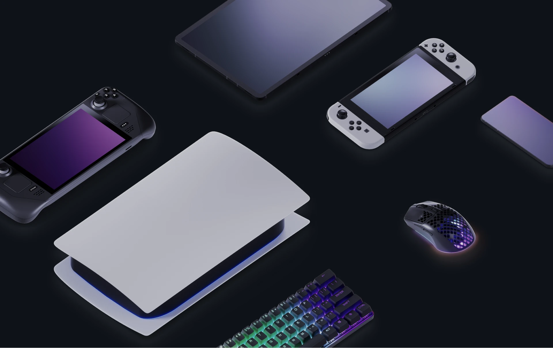 Varios dispositivos diferentes: un ratón, un teclado, una consola portátil PlayStation, que muestran la versatilidad del dongle.