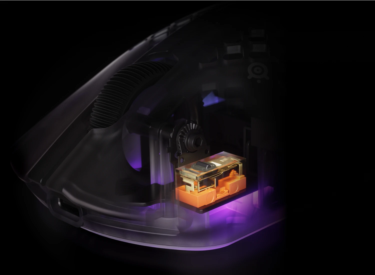 Close‑up of internal mechanical switch and scroll wheel inside translucent gaming mouse.