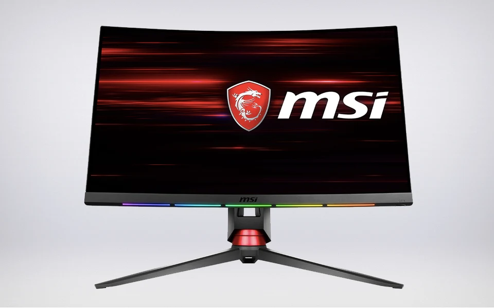 A front view of an MSI curved gaming monitor with the MSI logo on the screen and a vibrant RGB light strip on the bottom bezel.