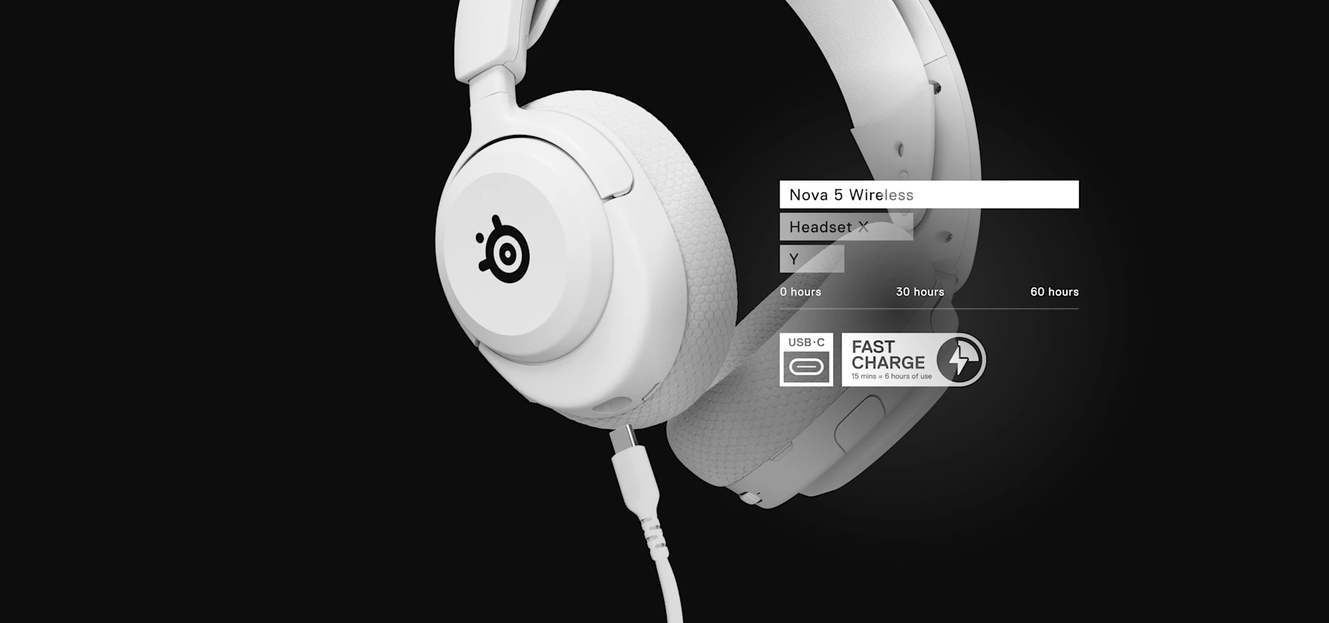 Store Arctis Nova 5-hovedtelefoner med synlig information om batterilevetid.