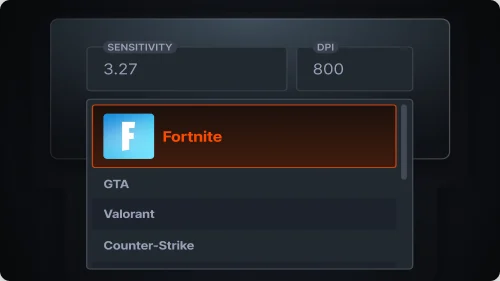 Fortnite'ın seçili olduğu, fare hassasiyeti ve DPI seçeneklerini gösteren oyun ayarları kullanıcı arayüzü.