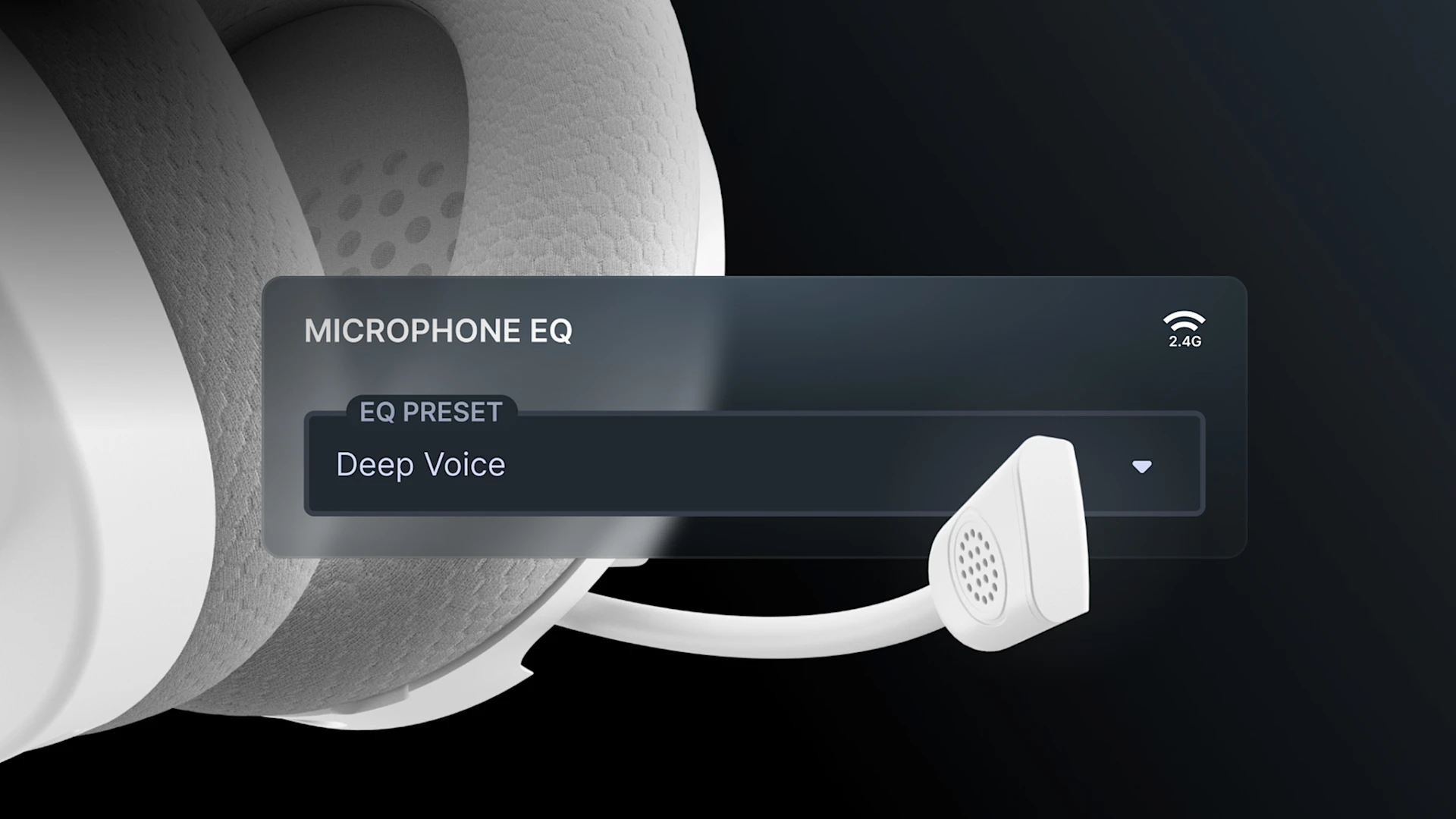 A close-up of a headset microphone with an on-screen menu showing a selected "Deep Voice" microphone EQ preset.